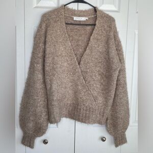 ASTR The Label Sweater Women's Faux Wrap Balloon Sleeve Wool Blend Taupe Sz L